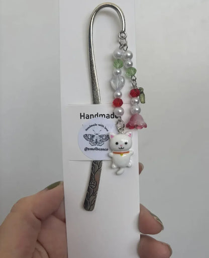 White Cat Beaded Bookmark