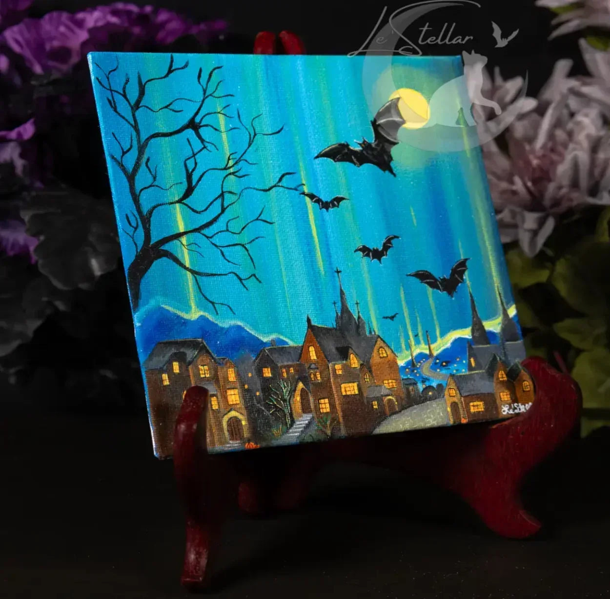 Gothic Starry Night Hand-Painted Art Print: Bats Over Old English Village Acrylic Painting (8x8)