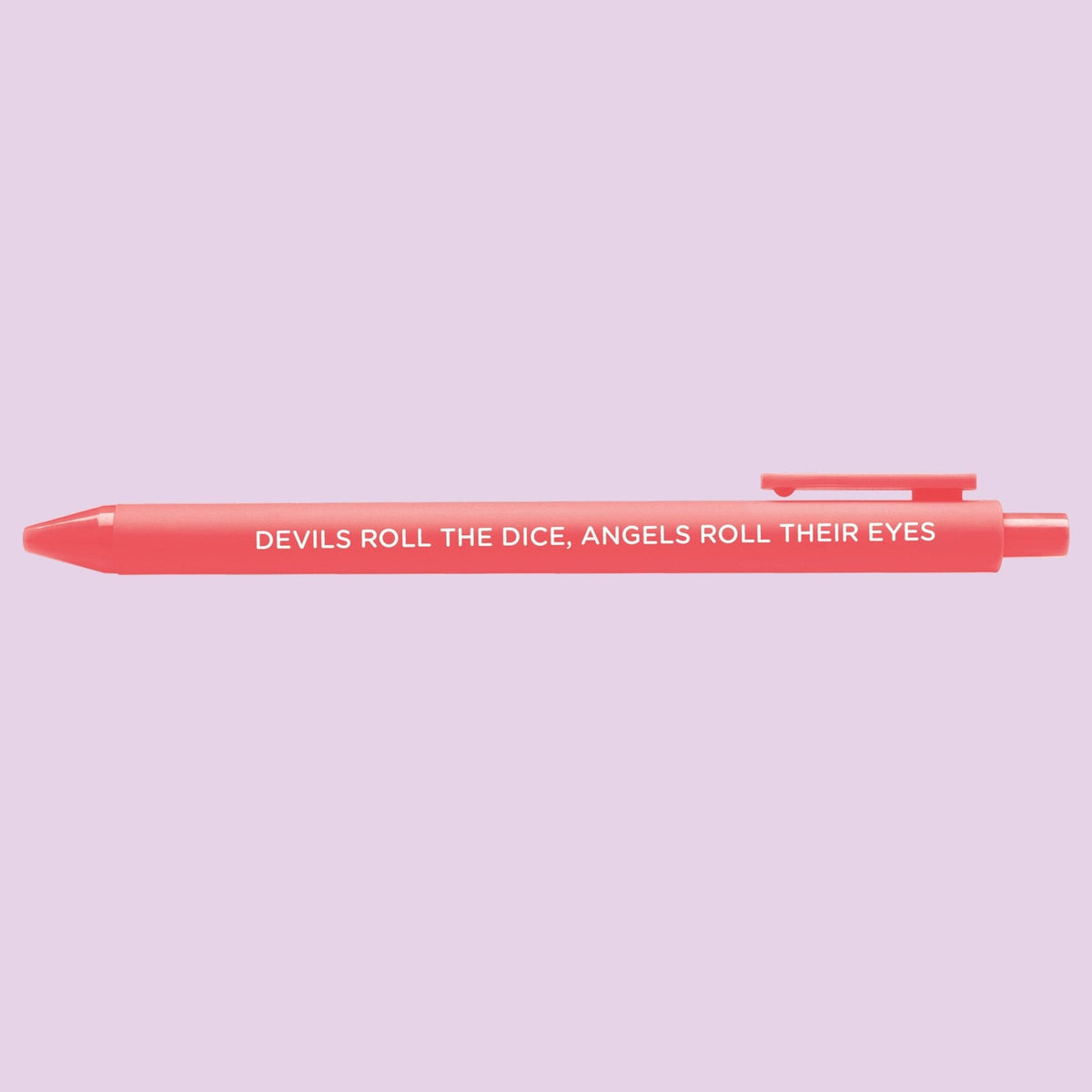 Cruel Summer pen styled on a desk — hot pink ink jotter gel pen by indie artist MangoIllustrated