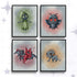 Cryptid art print set of 4 in black frames on a white star-patterned wall, showing the Flatwoods Monster, Mothman, the Jersey Devil, and the Chupacabra as big-eyed hand-drawn characters.