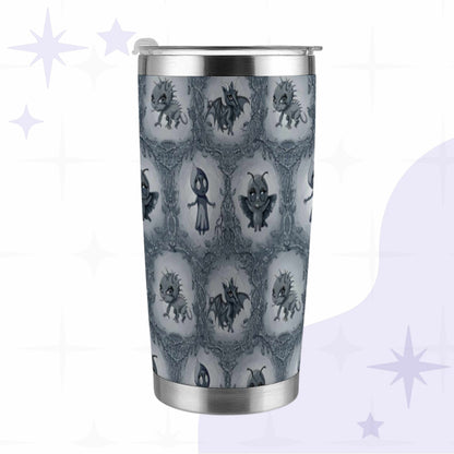 Cool gray cryptid tumbler with hand-drawn Mothman, Flatwoods Monster, chupacabra, and Jersey Devil set in clearings among thorny brambles