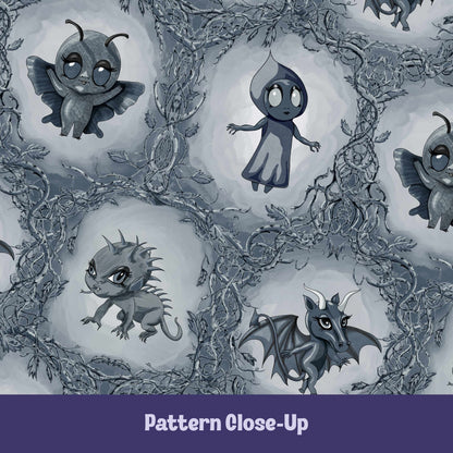 Close-up of the cryptid pattern showing Mothman with spread wings, the hooded Flatwoods Monster, a spined chupacabra, and the horned Jersey Devil among twisting vines and pointed leaves