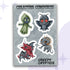 Cryptid sticker sheet with four chibi characters, the Flatwoods Monster, Mothman, the Jersey Devil, and the Chupacabra, on a gray backing card