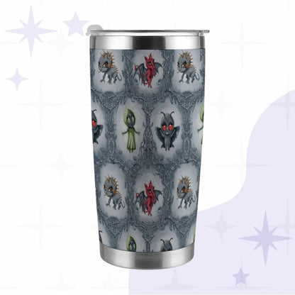Cryptid tumbler with a crimson Jersey Devil, olive-hooded Flatwoods Monster, amber-spined chupacabra, and red-eyed Mothman among thorny brambles