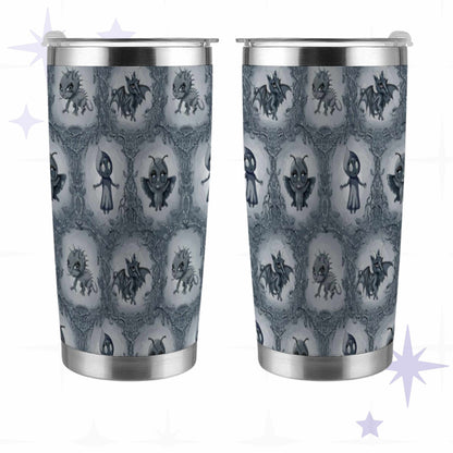 Front and back views of the cool gray cryptid tumbler showing the full wrapped bramble thicket design