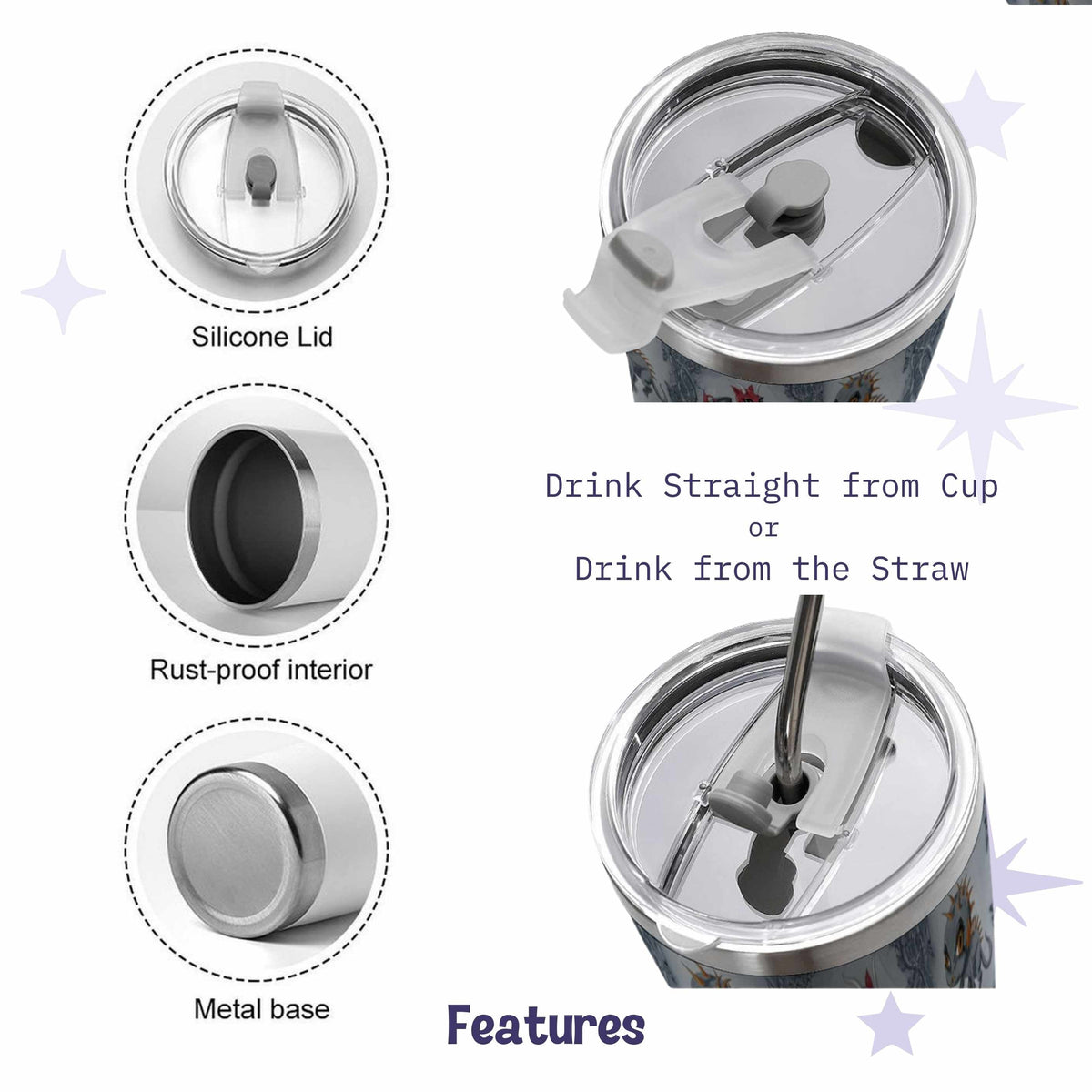Tumbler features including the clear silicone slider lid, rust-proof interior, and metal base, shown with the metal straw in place