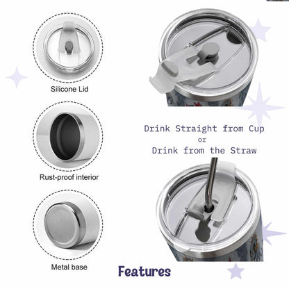 Tumbler features including the clear silicone slider lid, rust-proof interior, and metal base, shown with the metal straw in place