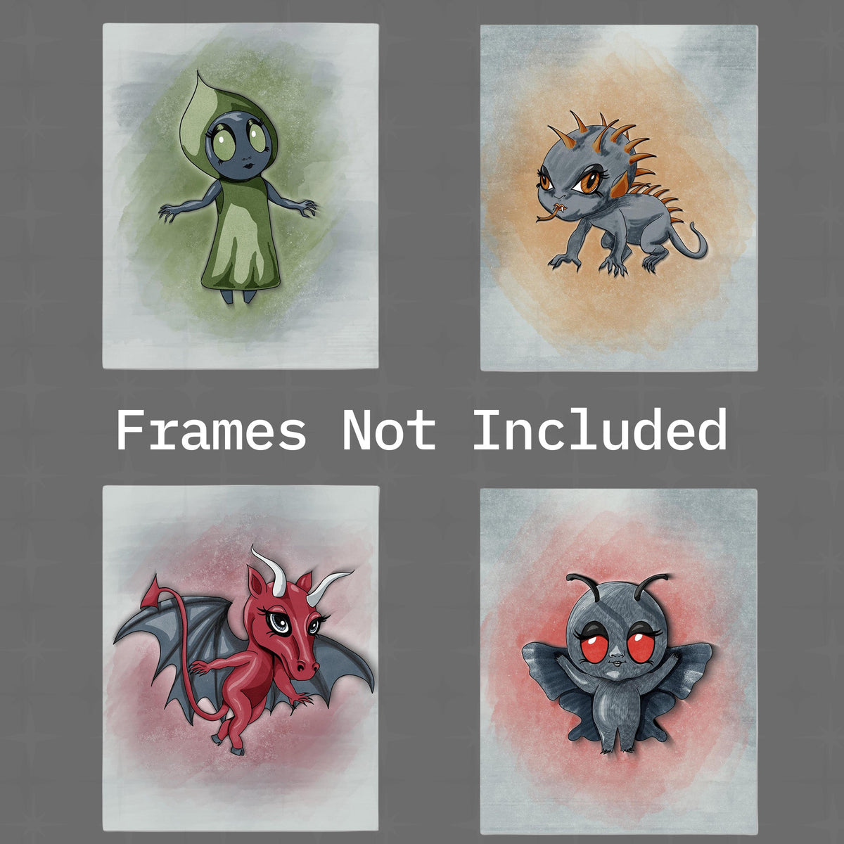Four unframed 8x10 cryptid wall art prints on a gray background with text reading Frames Not Included.
