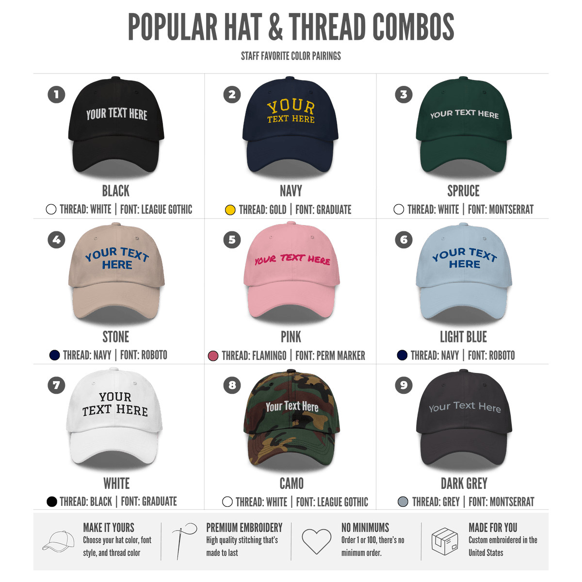 Available hat colors and thread color combinations for custom embroidered dad hats