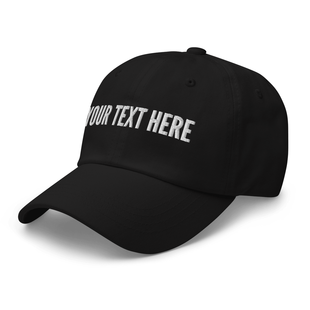 Side view of custom embroidered black cotton dad hat