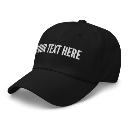 Side view of custom embroidered black cotton dad hat