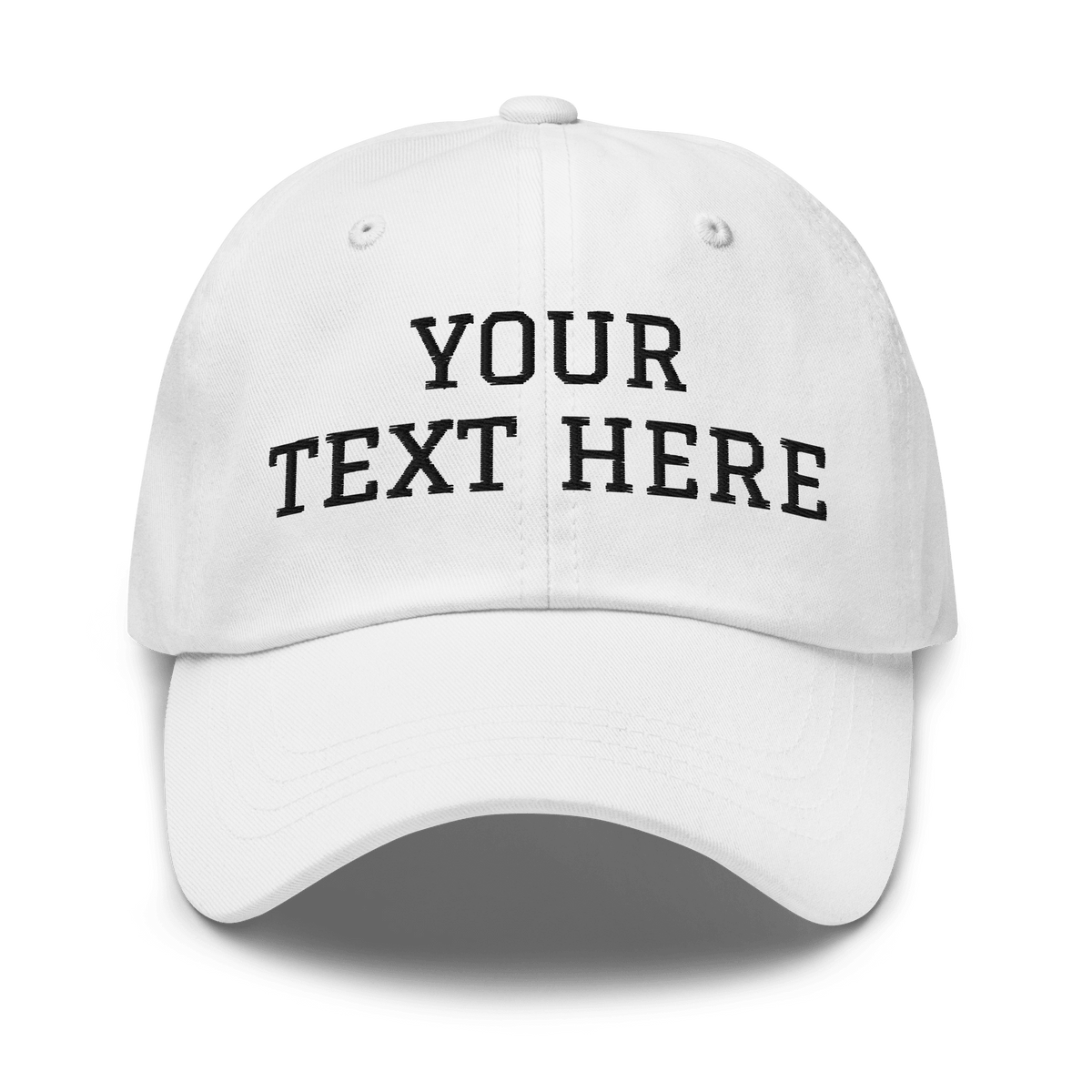 White embroidered dad hat with personalized text