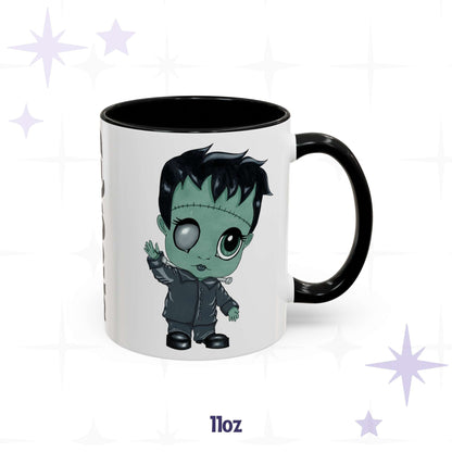Chibi Frankenstein coffee mug in 11 oz, black-handled accent mug with mint-green monster art