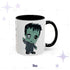 Chibi Frankenstein coffee mug in 11 oz, black-handled accent mug with mint-green monster art