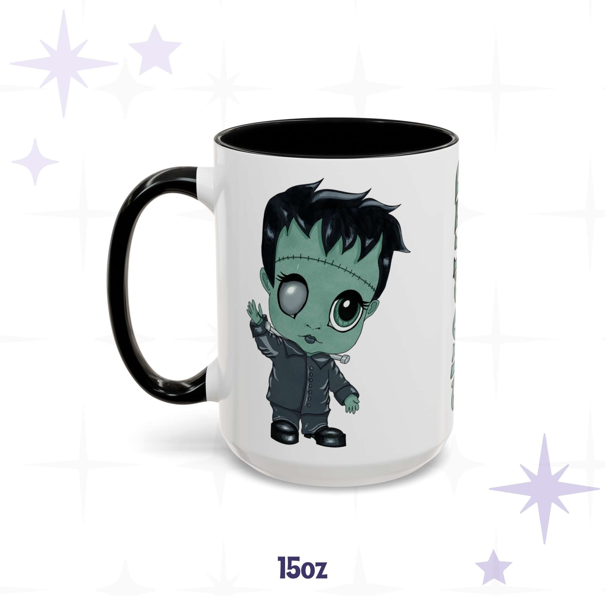 Cute green Frankenstein monster mug in 15 oz, white with black accent handle and rim