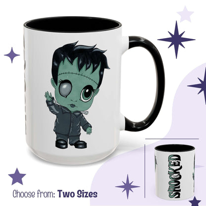 Cute Frankenstein monster mug in white with black handle, chibi character with mismatched eyes and SHOCKED reveal inset, two sizes
