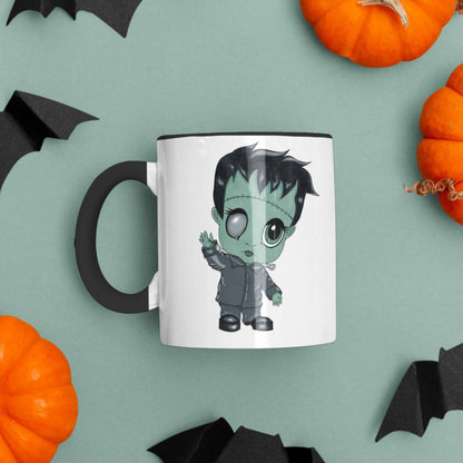 Retro Frankenstein monster mug on a green background with pumpkins and paper bats for Halloween