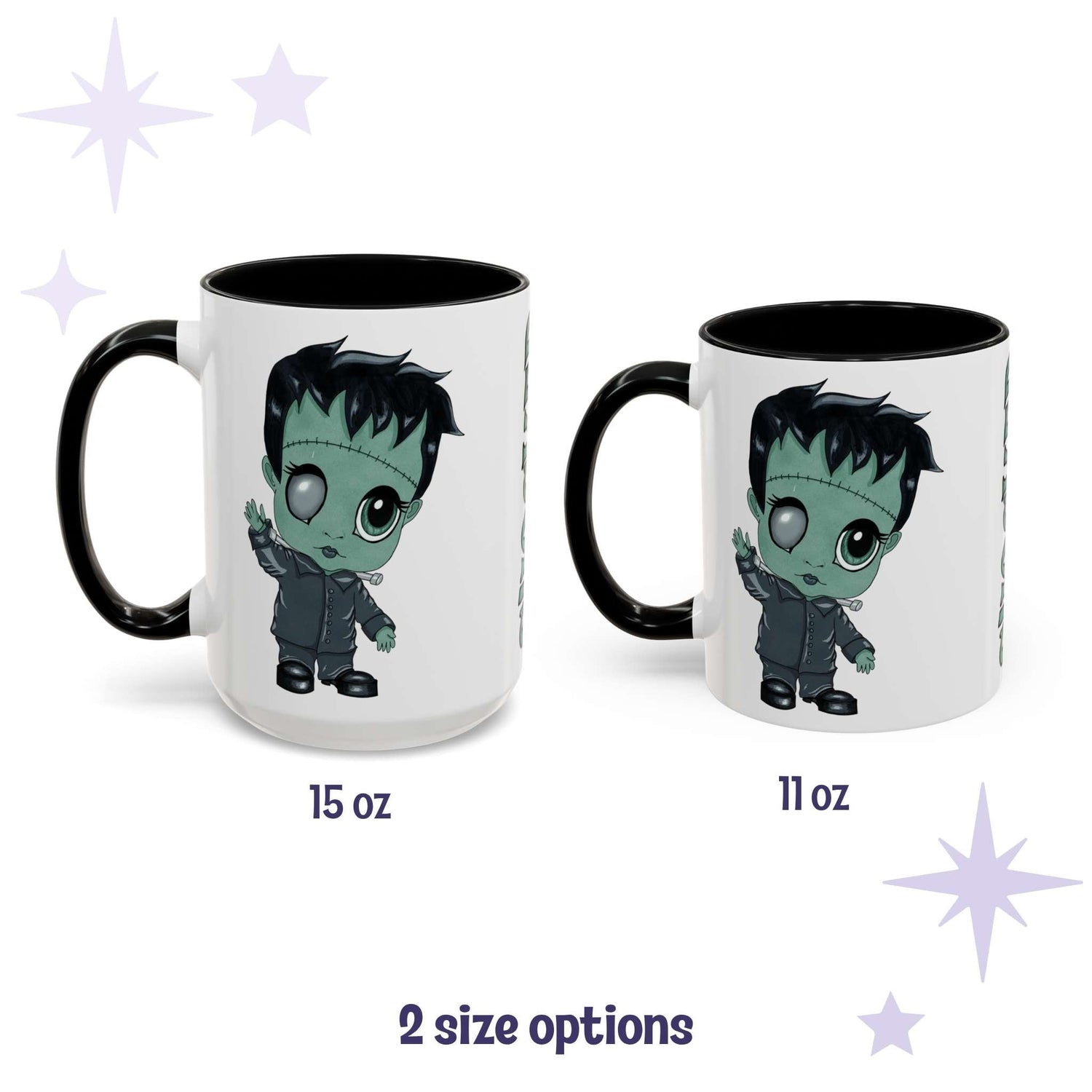 Chibi Frankenstein monster mug shown in 15 oz and 11 oz, white ceramic with black interior and handle