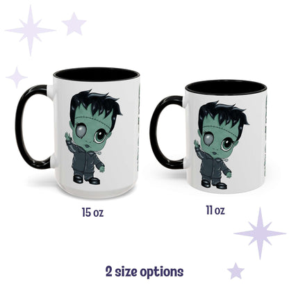 Chibi Frankenstein monster mug shown in 15 oz and 11 oz, white ceramic with black interior and handle