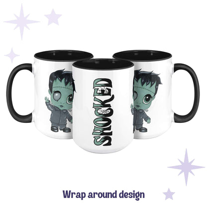 Chibi Frankenstein monster mug shown across three angles as a wrap-around design with SHOCKED in green lettering