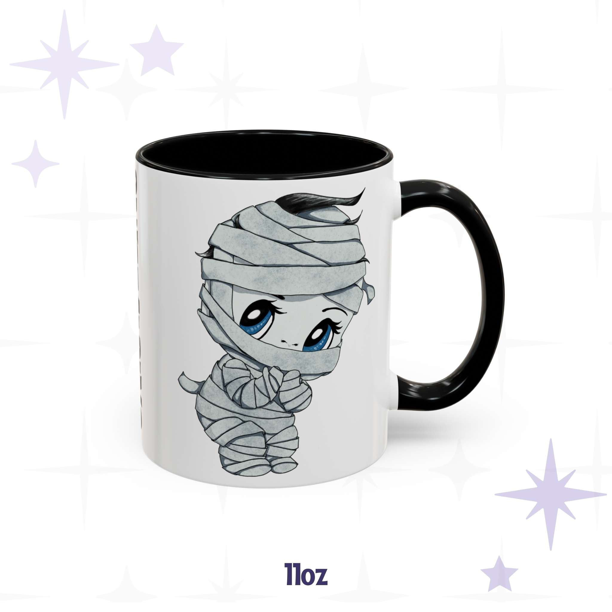 Chibi mummy coffee mug in 11 oz, black-handled accent mug with soft gray bandage art