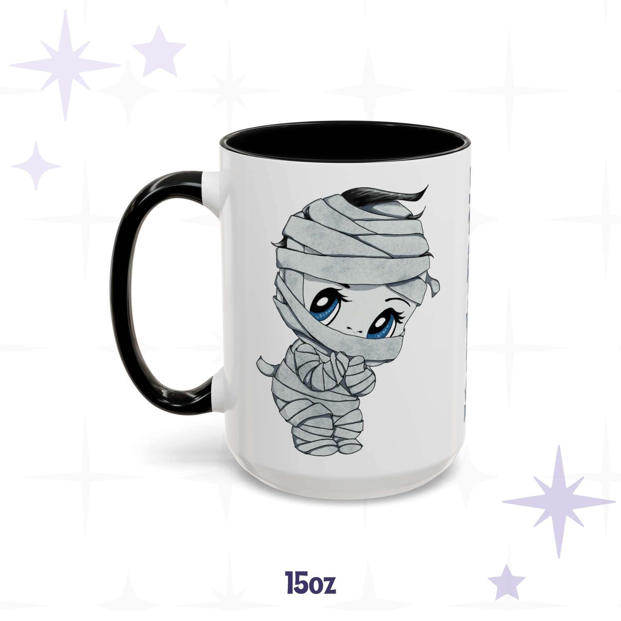 Cute bandaged mummy monster mug in 15 oz, white with black accent handle and rim