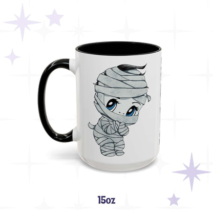 Cute bandaged mummy monster mug in 15 oz, white with black accent handle and rim