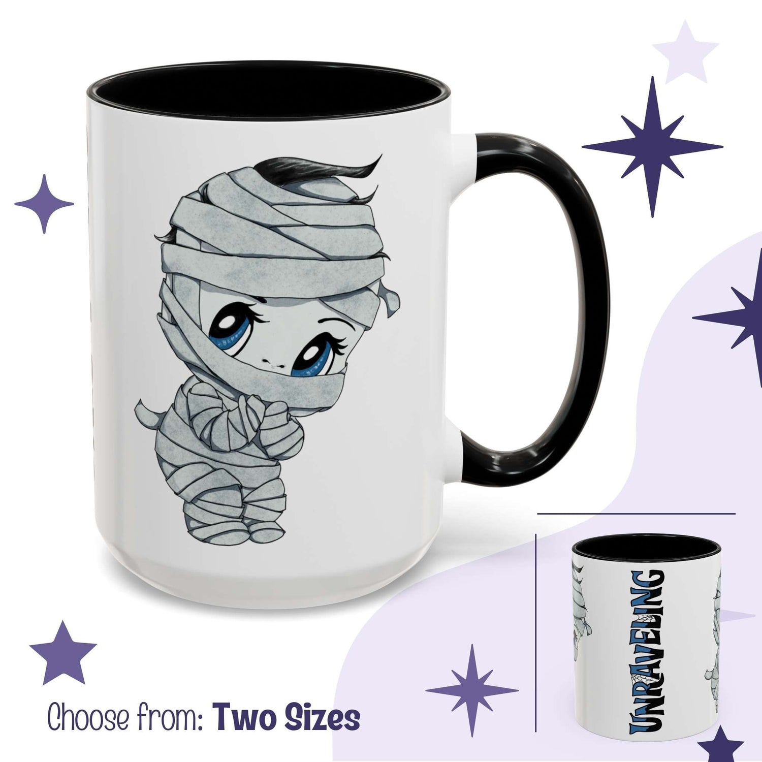 Cute mummy monster mug in white with black handle, chibi bandaged character with blue eyes and UNRAVELING reveal inset, two sizes