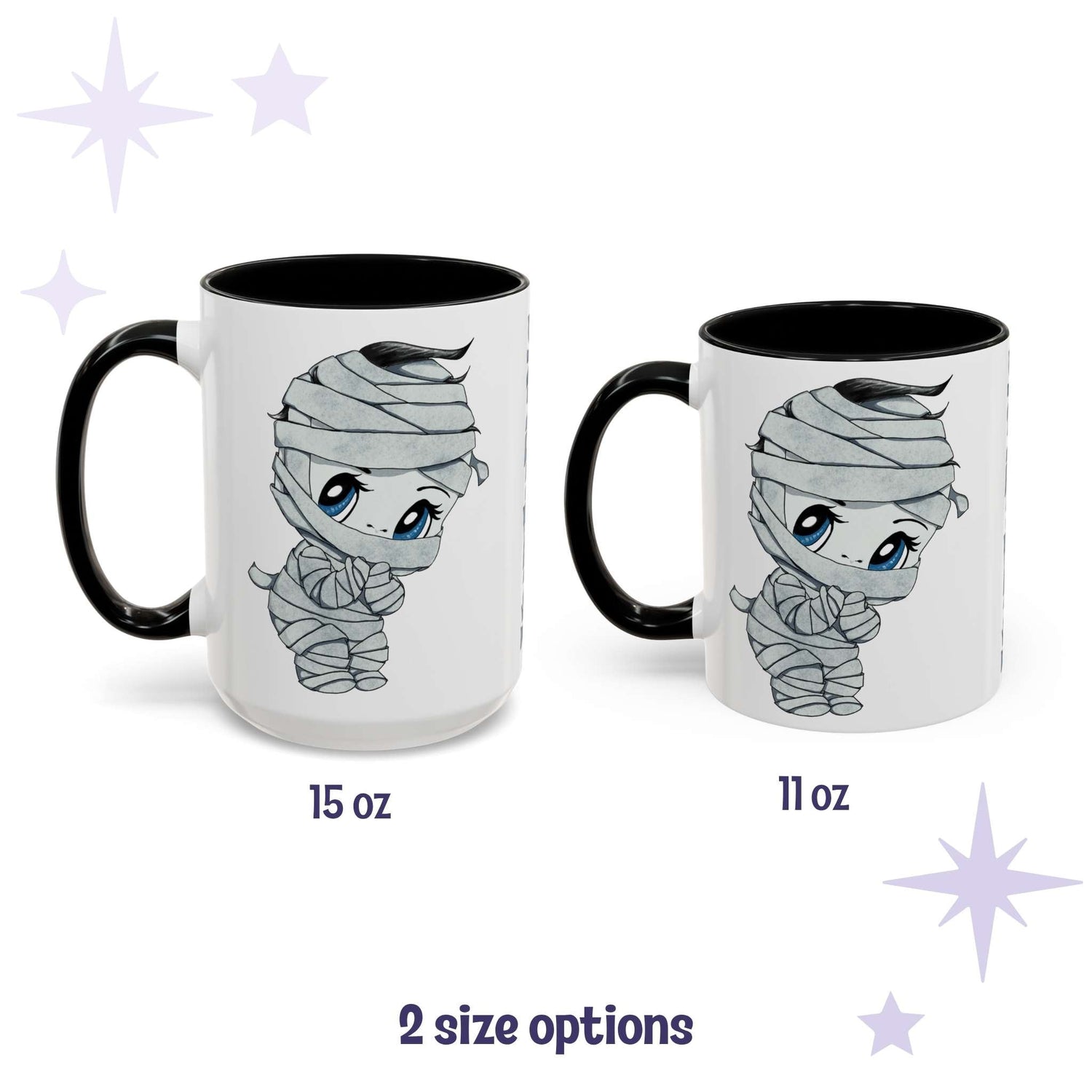 Chibi mummy monster mug shown in 15 oz and 11 oz, white ceramic with black interior and handle