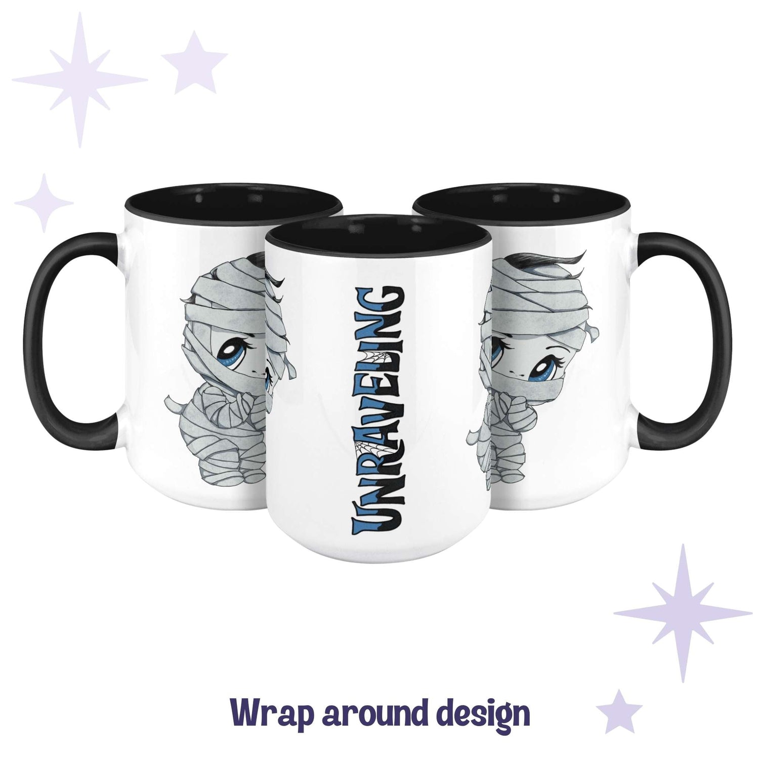 Chibi mummy monster mug shown across three angles as a wrap-around design with UNRAVELING in steel-blue lettering