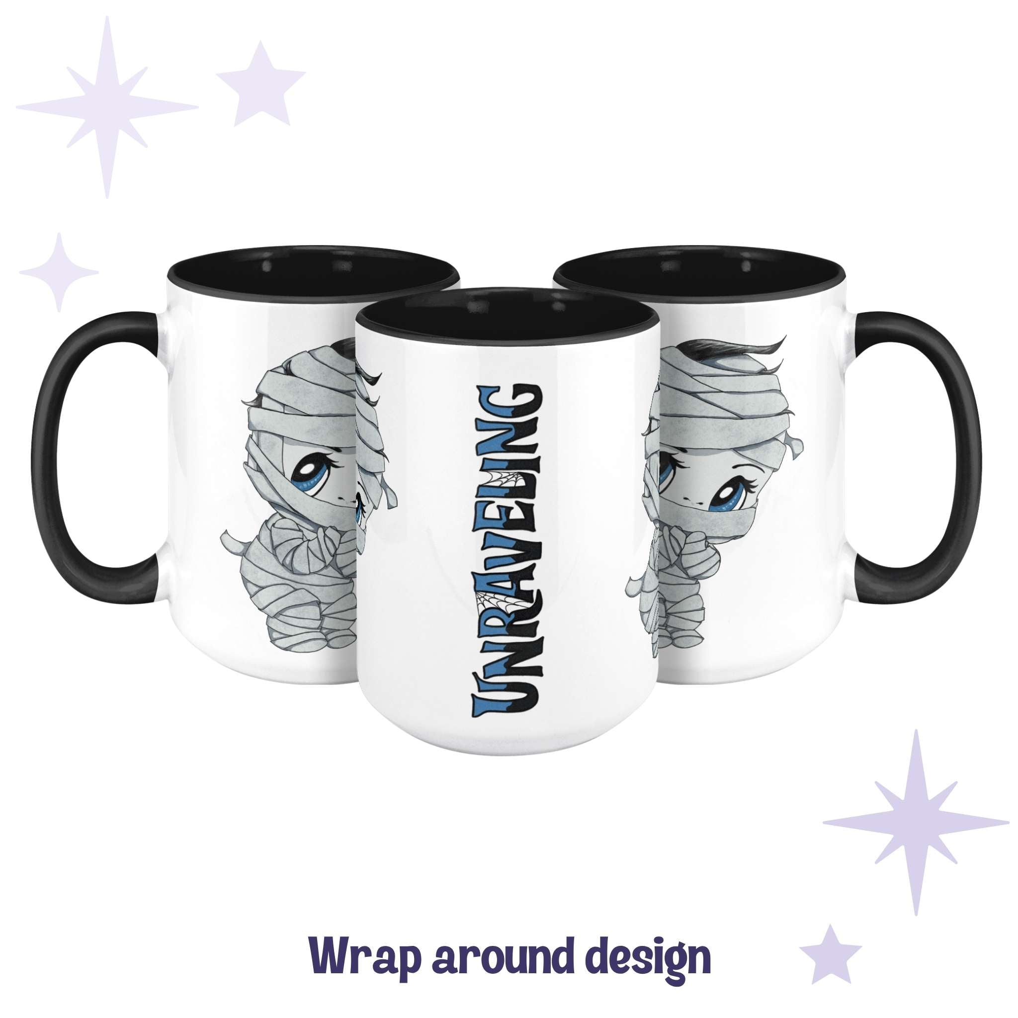 Chibi mummy monster mug shown across three angles as a wrap-around design with UNRAVELING in steel-blue lettering