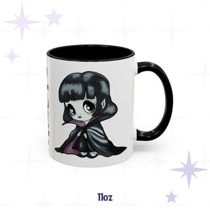 Chibi vampire coffee mug in 11 oz, black-handled accent mug with caped character art
