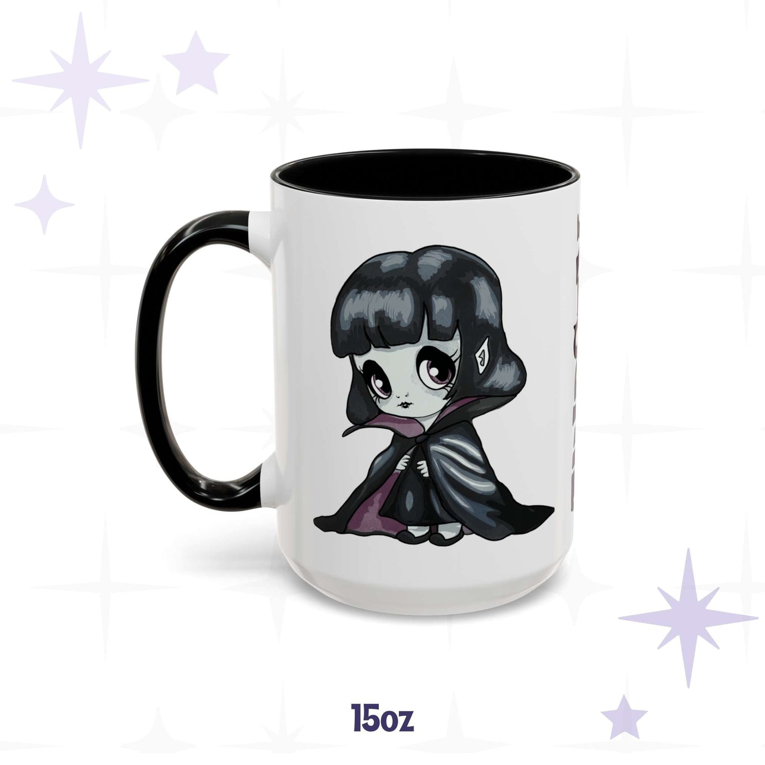 Cute vampire girl goth mug in 15 oz, white with black accent handle and rim