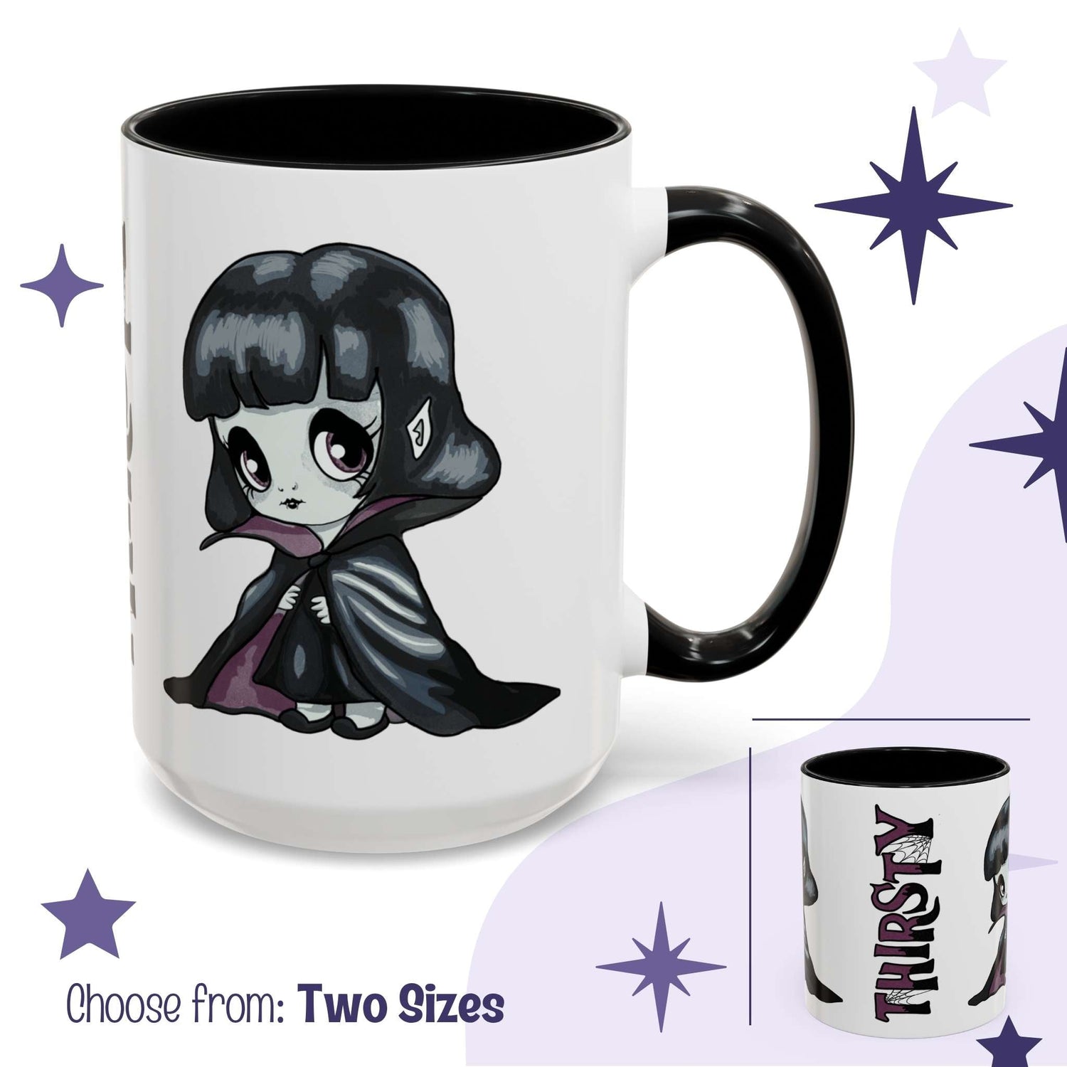 Cute chibi vampire girl mug in white with black handle, caped goth character facing forward with THIRSTY reveal inset, two sizes