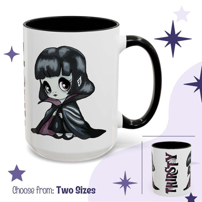 Cute chibi vampire girl mug in white with black handle, caped goth character facing forward with THIRSTY reveal inset, two sizes