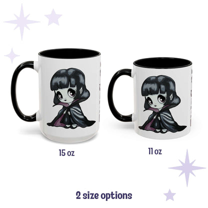 Chibi goth vampire mug shown in 15 oz and 11 oz, white ceramic with black interior and handle