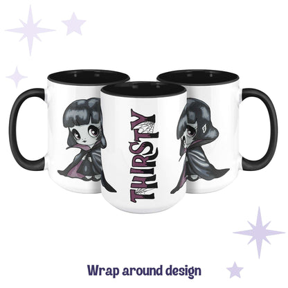Wrap-around THIRSTY vampire mug design shown across three angles in bruise-plum spiderweb lettering