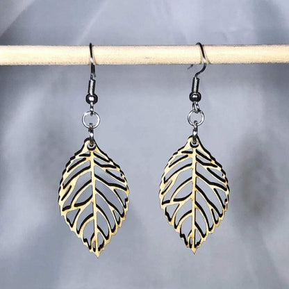 Cutout Leaf Wooden Dangle Earrings - - Cate&