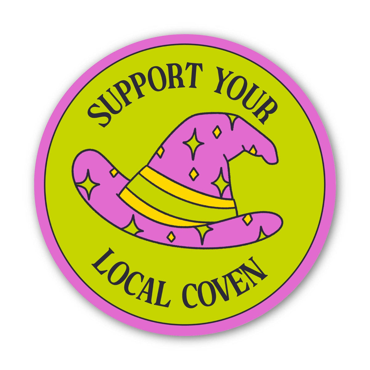 A circular sticker or badge design with a bright lime green background, pink border, and a pink wizard hat with yellow stars and stripes. The text reads &