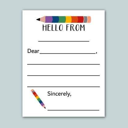 The image is a blank letterhead with a colorful pencil graphic and a message that reads "Hello from Sincerely".