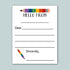 The image is a blank letterhead with a colorful pencil graphic and a message that reads "Hello from Sincerely".