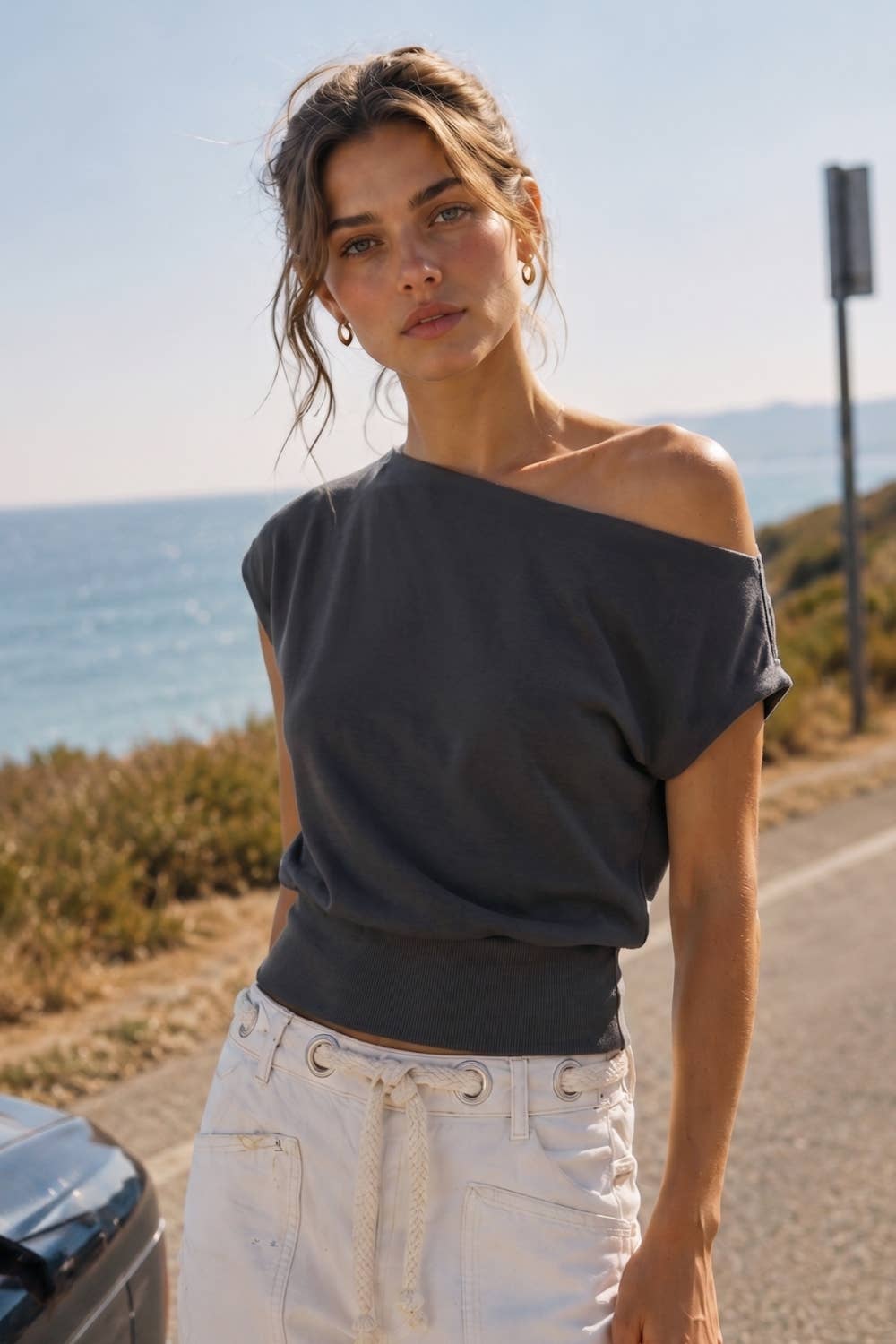 One Shoulder Ribbed Soft Stretch Top