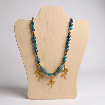 Turquoise Java Cross Dragonfly Necklace: Blue Apatite, Gold Plated Bamboo Beads and Charms