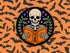 A circular Halloween-themed graphic featuring a skull skeleton holding an orange book labeled &