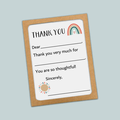 The image is a simple, handwritten thank you card with a rainbow graphic and a sun-like symbol. The card has a blank space for a response, and the text is written in a casual, friendly tone.