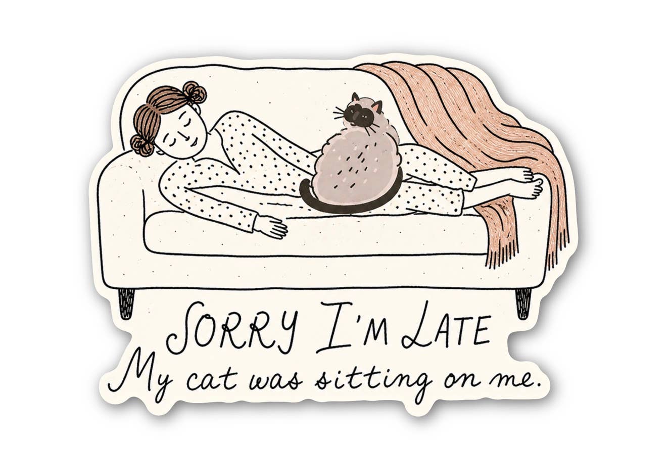 Sticker with a cartoon of a person lying on a couch with a cat sitting on them, and text &