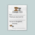 The image is a white thank you card with a cartoon dog and cat illustration. The card has a blank space for a recipient&