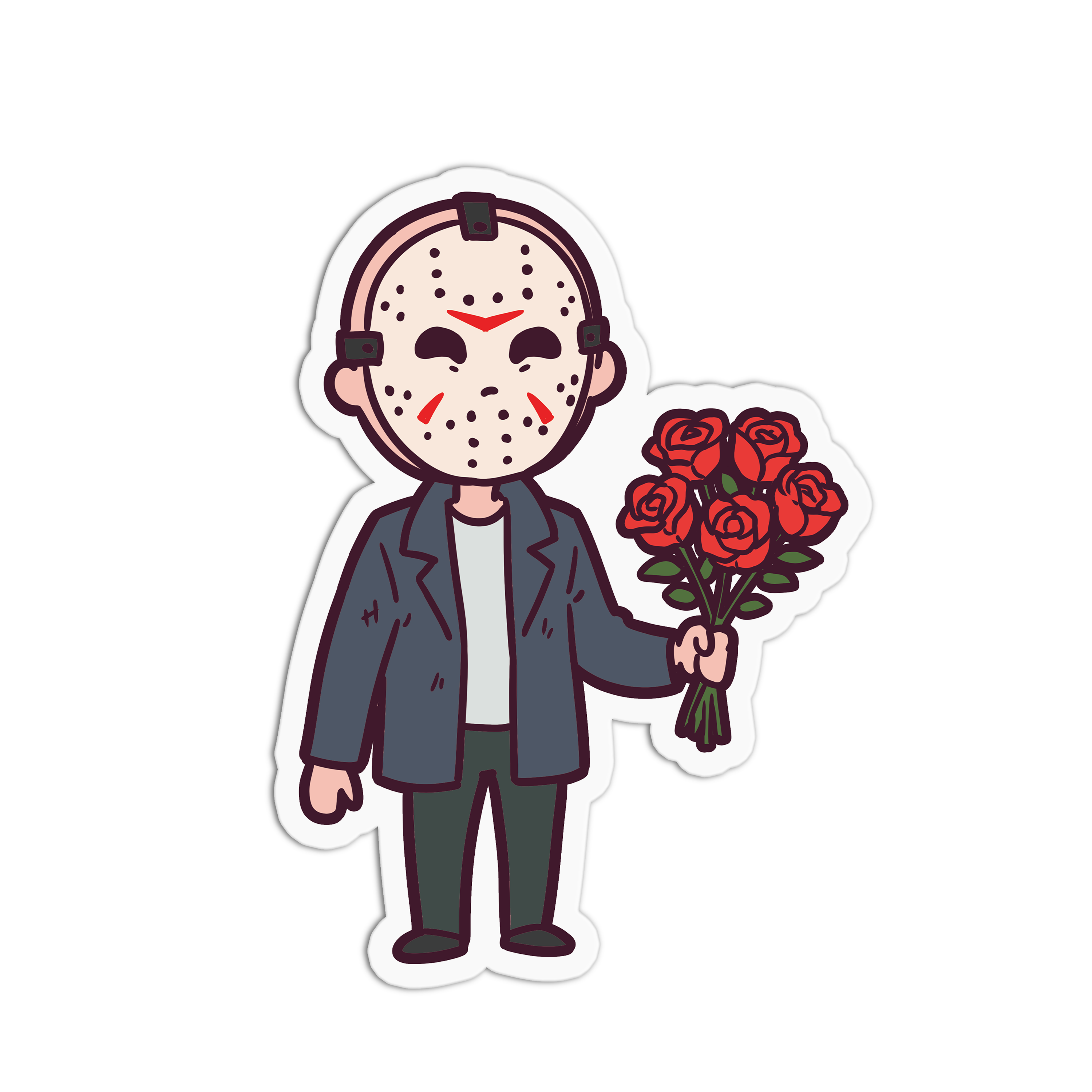Cartoon character in a mask holding a bouquet of roses on a white background