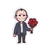 Cartoon character in a mask holding a bouquet of roses on a white background