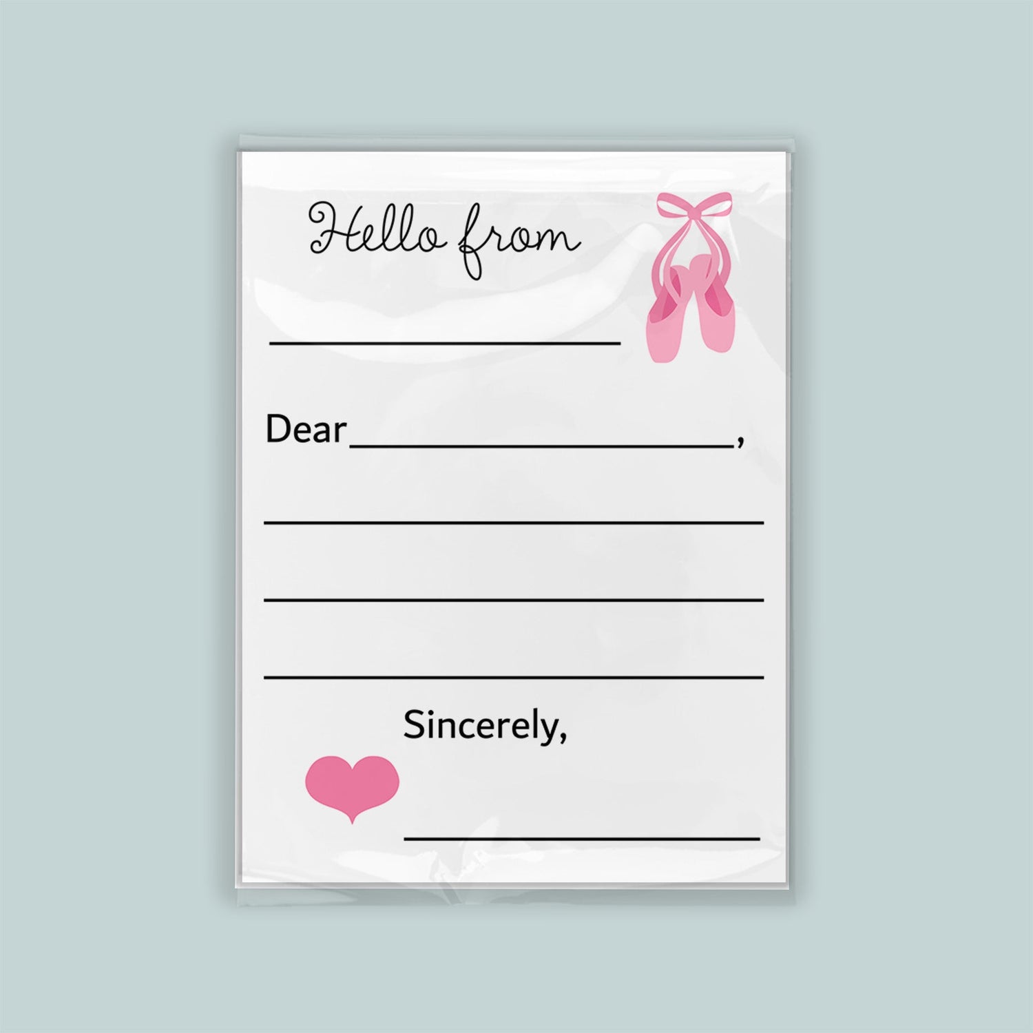 The image is a white envelope with a pink heart and ballet slippers on the front, and a blank space for a message.
